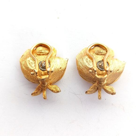 Vintage Kramer Romantic Enameled Rose Pink Rhinestone Gold Tone Clip On Earrings - Picture 4 of 4